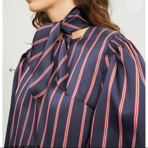 NWT SANDRO Zoe Tie-Neck Striped Satin -Twill Blouse, size 3 - Picture 2 of 8